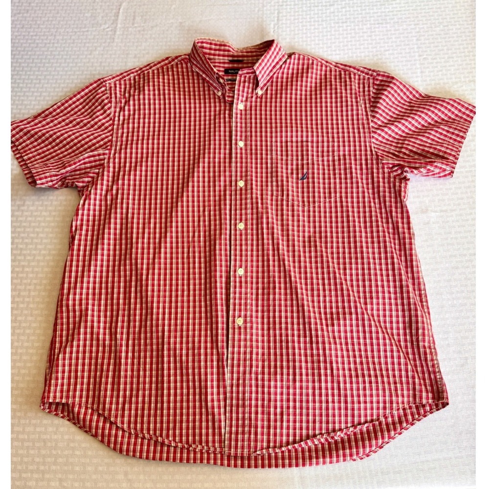 Nautica Mens XXL Red Plaid 80s Two-Ply Cotton Short Sleeve Button Down Shirt